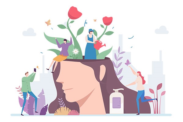 Illustration of a womans head with flowers coming out of it