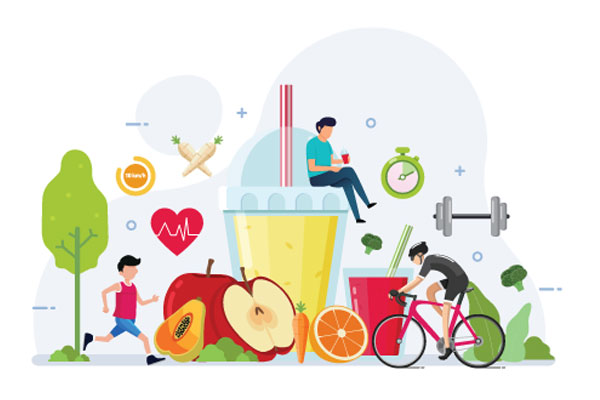Illustration of oversized healthy food with people exercising around them