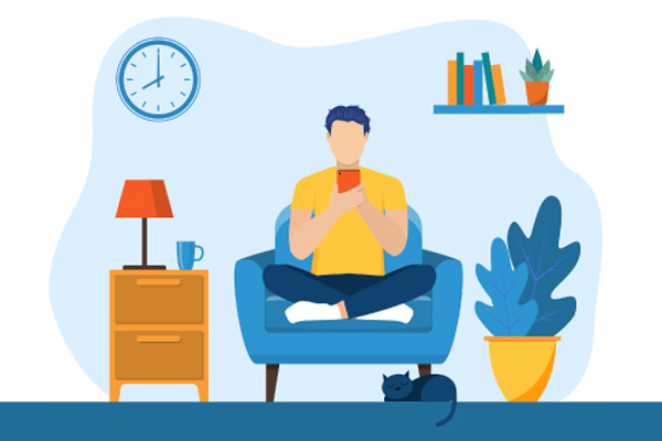 Illustration of a man sat on his sofa using a mobile phone