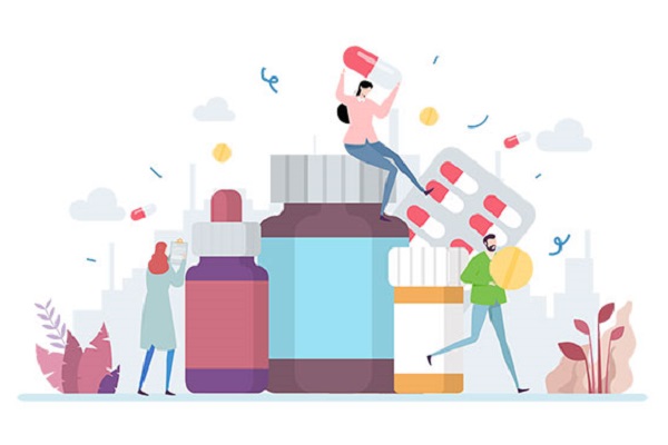 Illustration of oversized medication and smaller people climbing over them