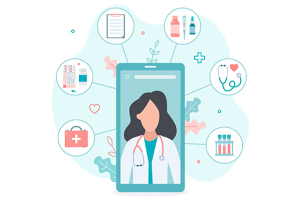 Illustration of a mobile phone with a doctor on screen and icons for different services around it